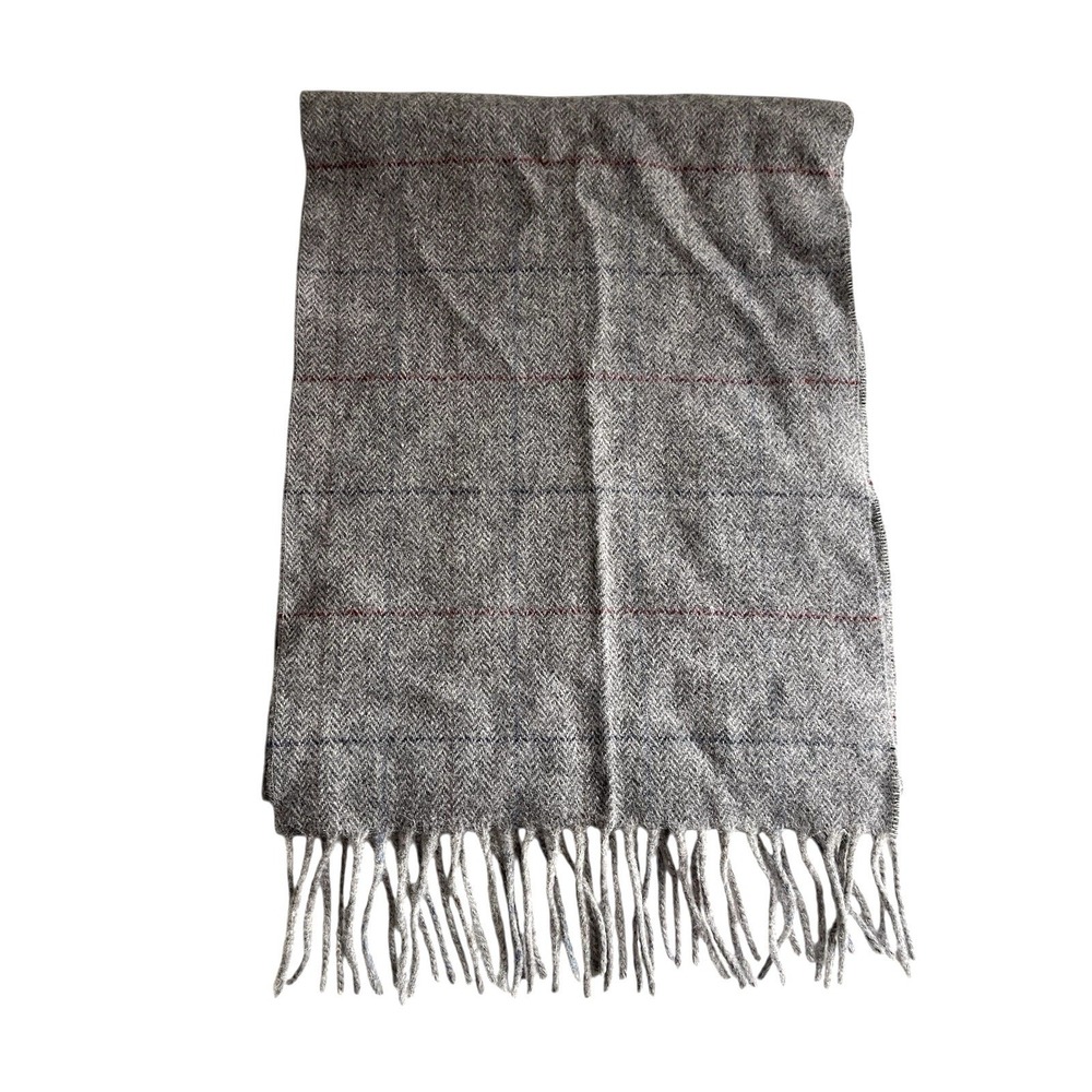 Men's Grey Checkered Herringbone 100% Wool Winter Scarf 12"x62" Made In‎ Italy - Picture 2 of 5